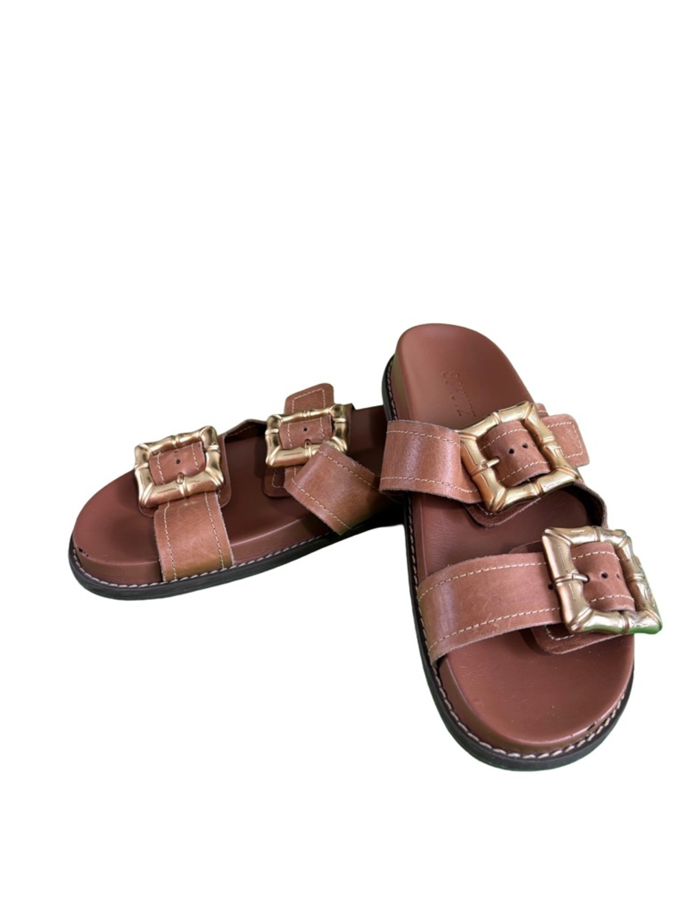 “Schutz Enola Brown Leather Double Buckle Slide Sandals Gold Hardware Size 8 - Picture 2 of 5